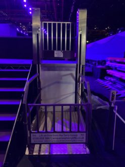 Classic Melody 2 installed at NAEC to provide temporary wheelchair access to the hospitality stand at Horse of the Year Show 2021. Lower level_blue light