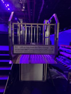 Classic Melody 2 installed at NAEC to provide temporary wheelchair access to the hospitality stand at Horse of the Year Show 2021. Upper level_blue light